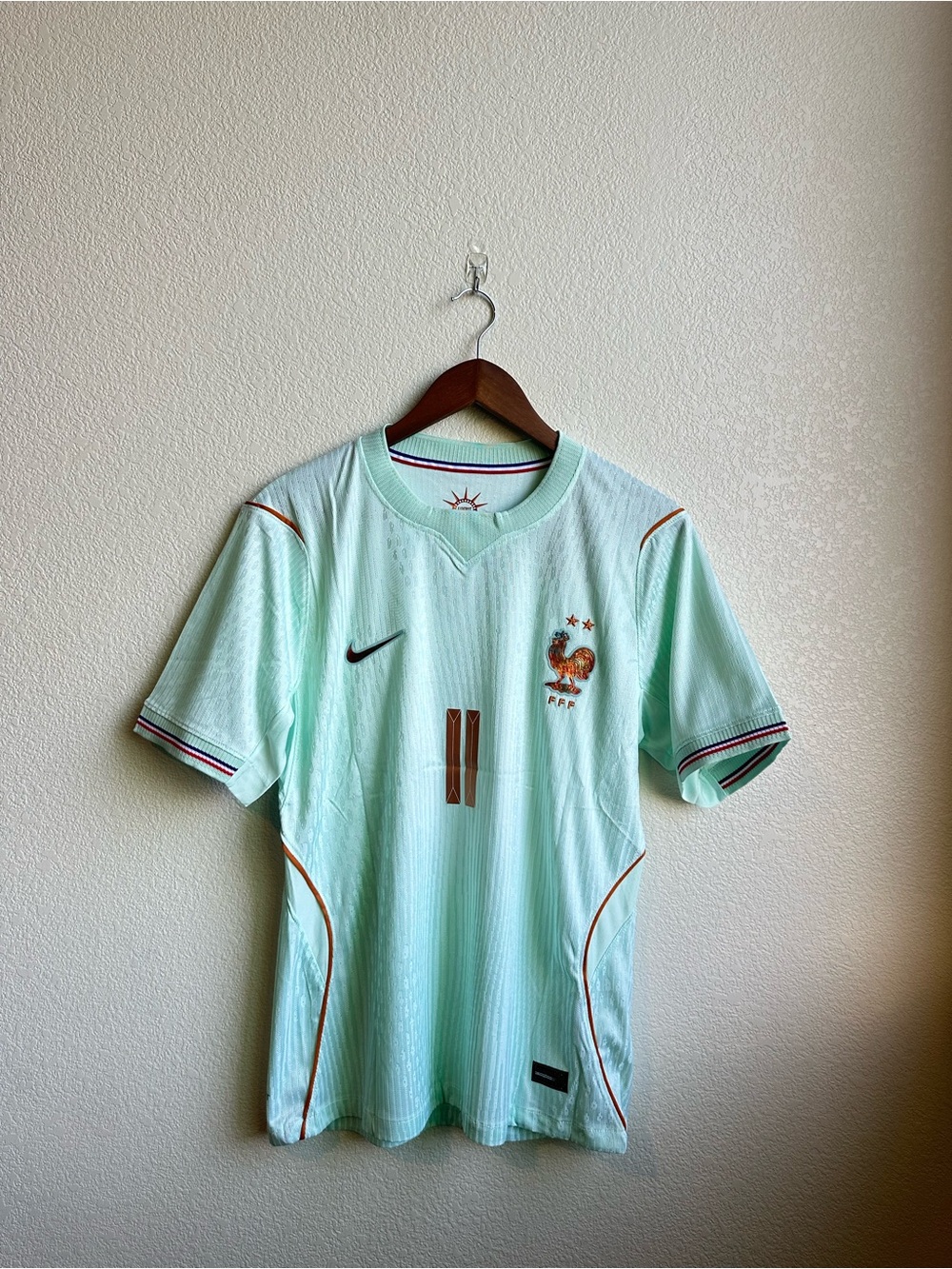 Nike Men's Mint Green France Football Jersey with Copper Accents